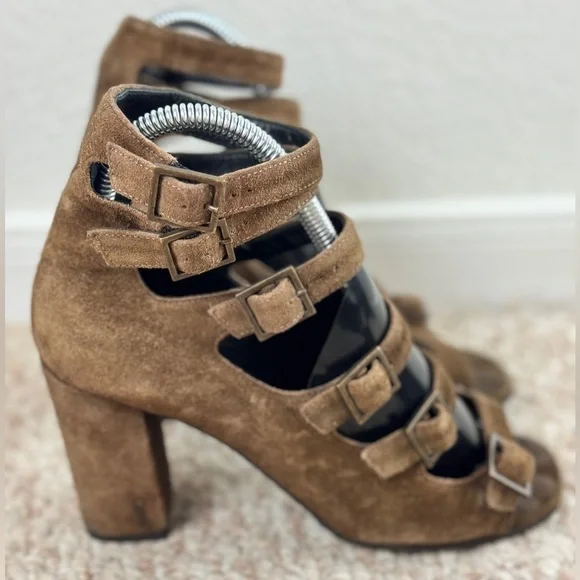 Saint Laurent Brown Suede Strappy Block Heels/Shoes 6.5
